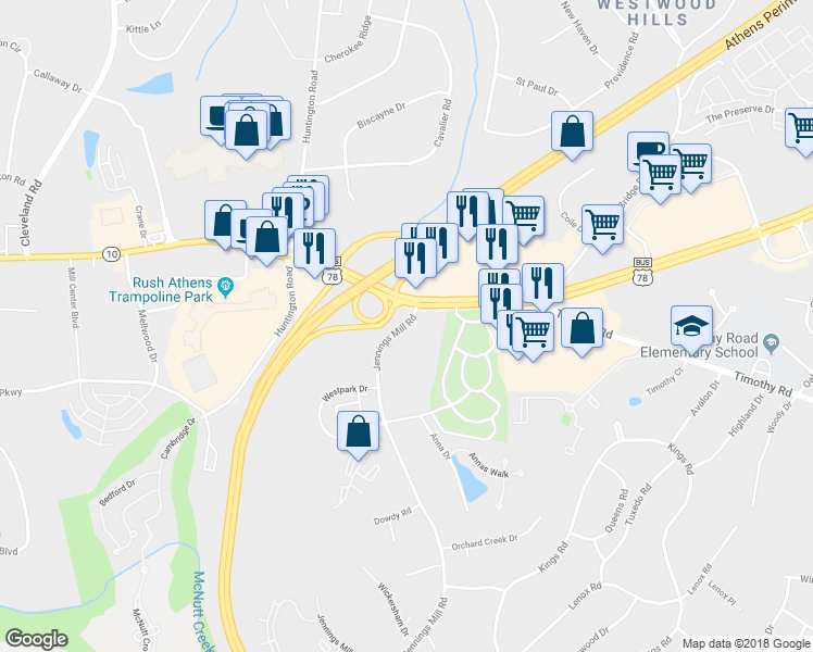 map of restaurants, bars, coffee shops, grocery stores, and more near 111 Jennings Mill Road in Athens