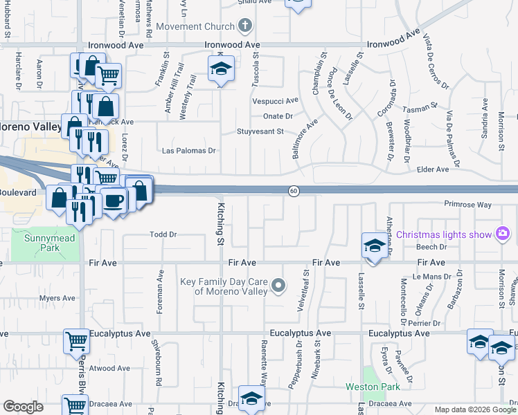 map of restaurants, bars, coffee shops, grocery stores, and more near 12571 Heartleaf Street in Moreno Valley