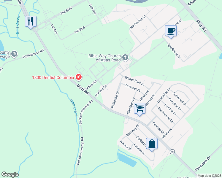 map of restaurants, bars, coffee shops, grocery stores, and more near 2600 Harlem Street in Columbia
