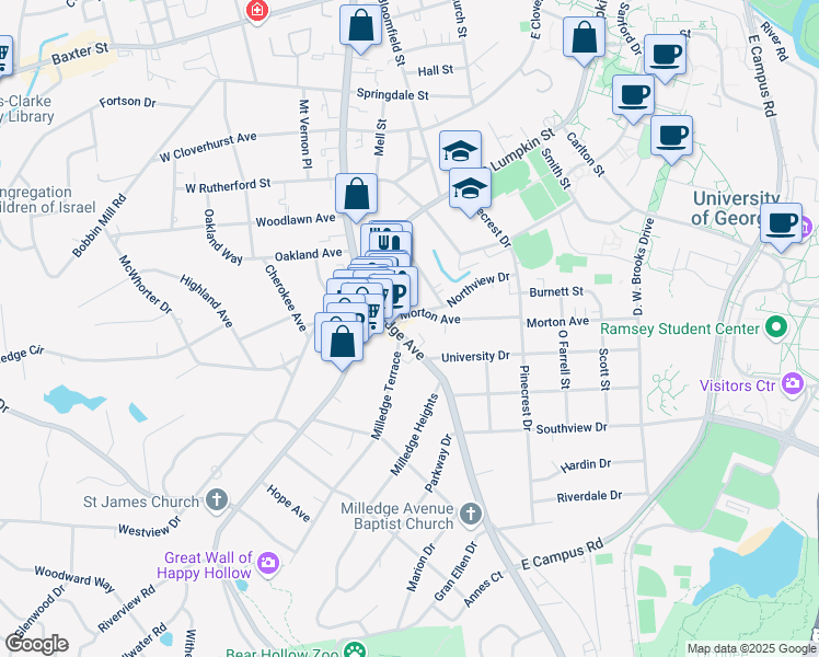map of restaurants, bars, coffee shops, grocery stores, and more near 101 Morton Avenue in Athens