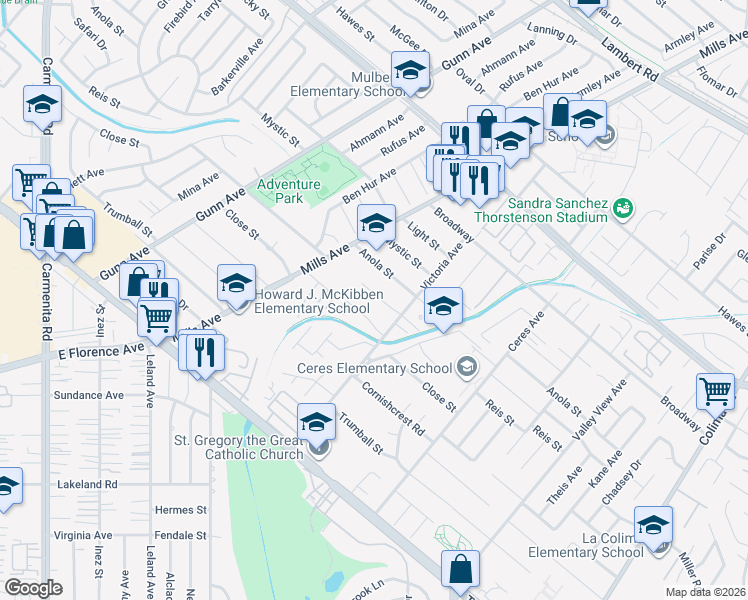 map of restaurants, bars, coffee shops, grocery stores, and more near 14122 Reis Street in Whittier