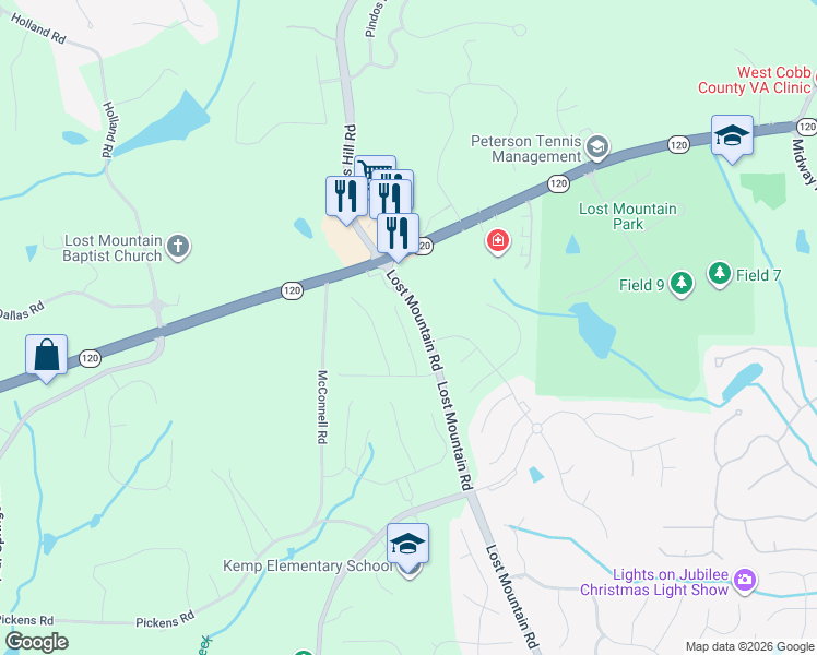 map of restaurants, bars, coffee shops, grocery stores, and more near 651 Lost Mountain Court in Powder Springs