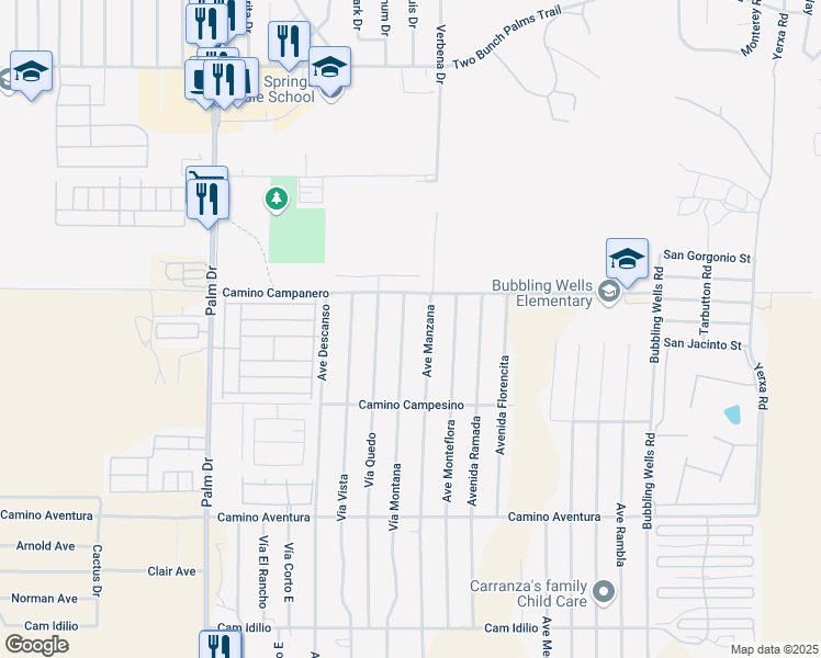 map of restaurants, bars, coffee shops, grocery stores, and more near 15160 Vía Montana in Desert Hot Springs