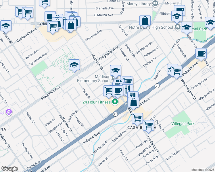 map of restaurants, bars, coffee shops, grocery stores, and more near 7515 Delaware Street in Riverside