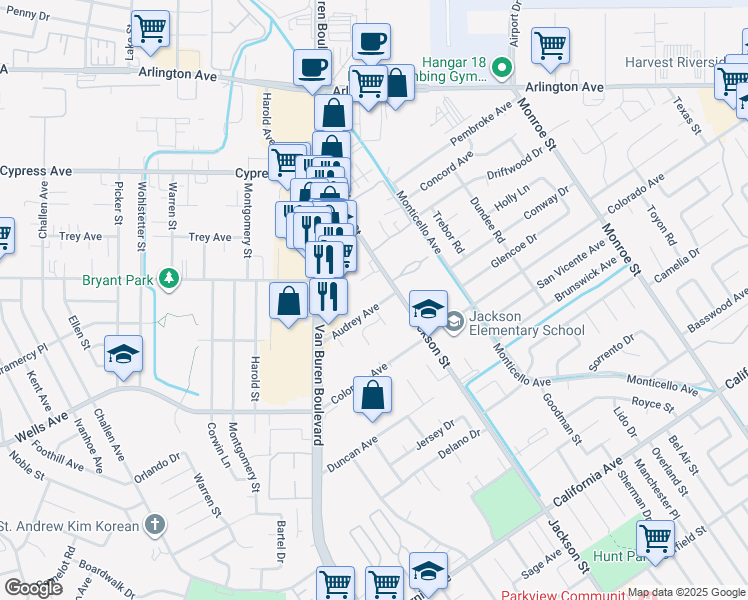 map of restaurants, bars, coffee shops, grocery stores, and more near 4790 Jackson Street in Riverside