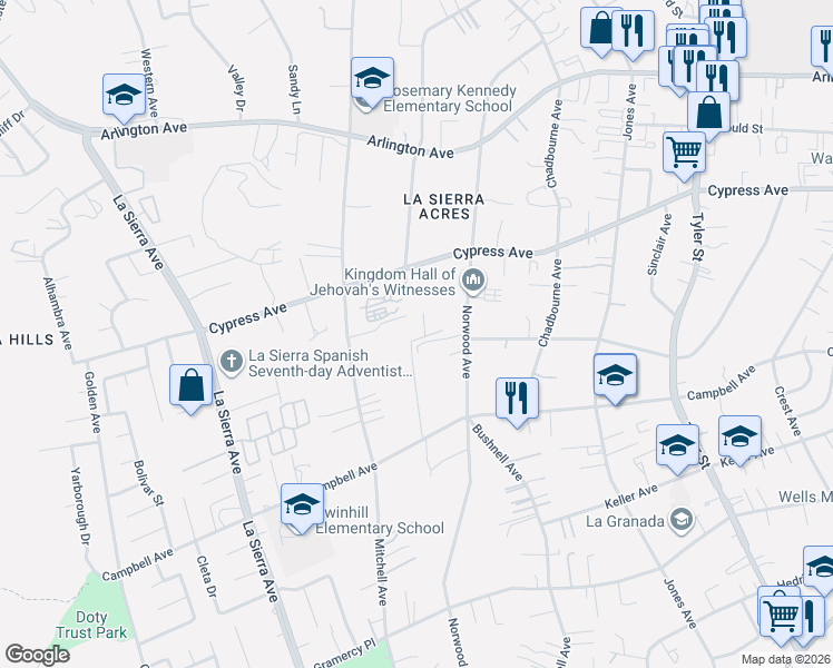 map of restaurants, bars, coffee shops, grocery stores, and more near 5872 Persepolis Court in Riverside