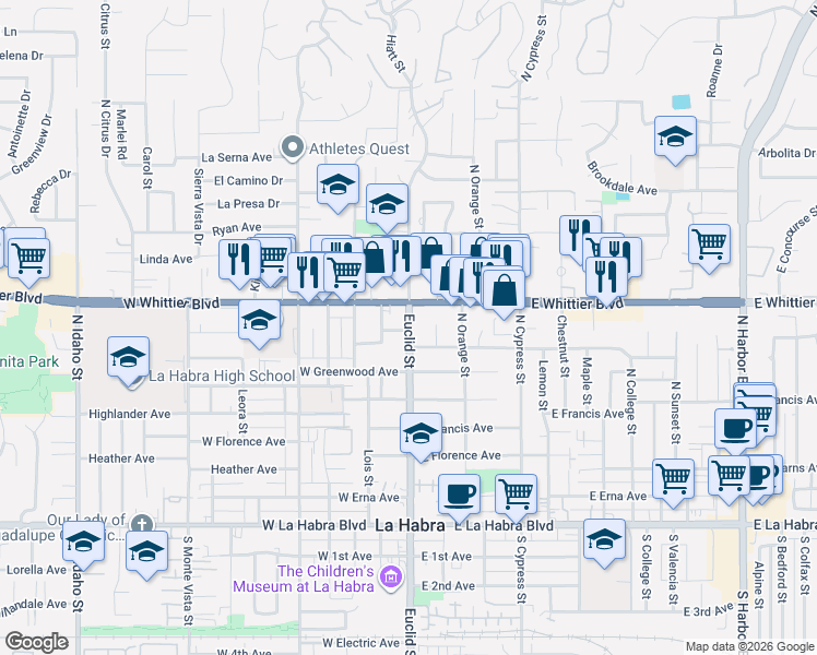 map of restaurants, bars, coffee shops, grocery stores, and more near in La Habra