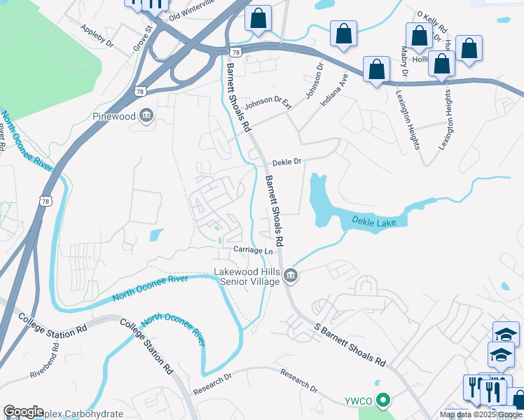 map of restaurants, bars, coffee shops, grocery stores, and more near 580 South Barnett Shoals Road in Athens
