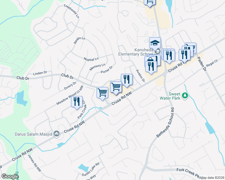 map of restaurants, bars, coffee shops, grocery stores, and more near 2775 Cruse Road Northwest in Lawrenceville