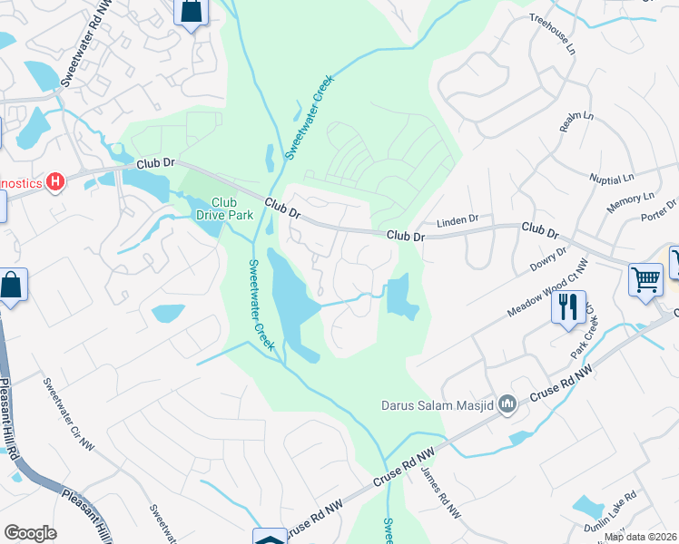 map of restaurants, bars, coffee shops, grocery stores, and more near 740 Kibbe Circle Northwest in Lawrenceville