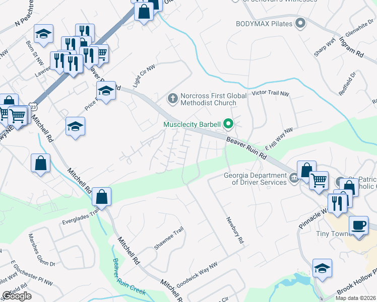 map of restaurants, bars, coffee shops, grocery stores, and more near 5379 Briar Creek Lane Northwest in Norcross