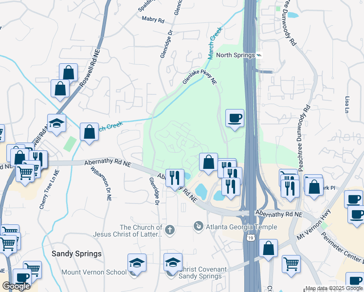 map of restaurants, bars, coffee shops, grocery stores, and more near 6763 Encore Boulevard in Sandy Springs