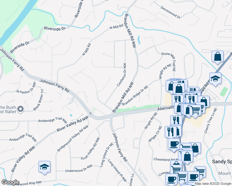 map of restaurants, bars, coffee shops, grocery stores, and more near 6701 Castleton Drive Northwest in Atlanta