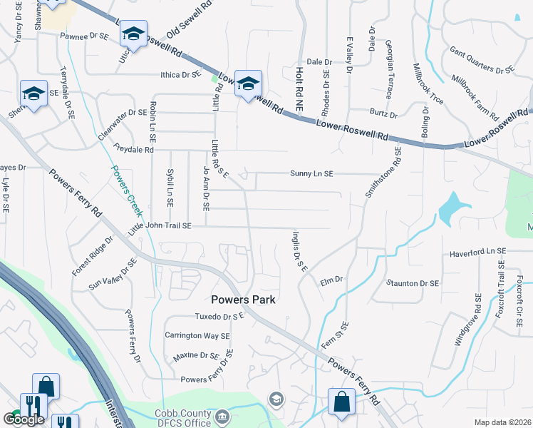 map of restaurants, bars, coffee shops, grocery stores, and more near 2506 Crockett Drive Southeast in Marietta