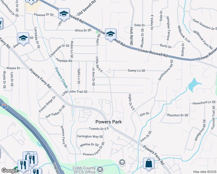 map of restaurants, bars, coffee shops, grocery stores, and more near 2452 Princess Lane Southeast in Marietta