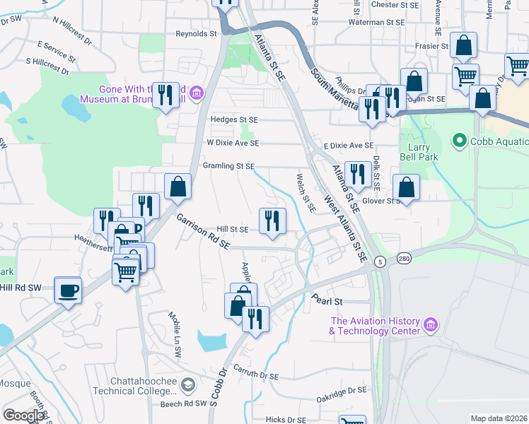 map of restaurants, bars, coffee shops, grocery stores, and more near 591 Bolan Street Southeast in Marietta