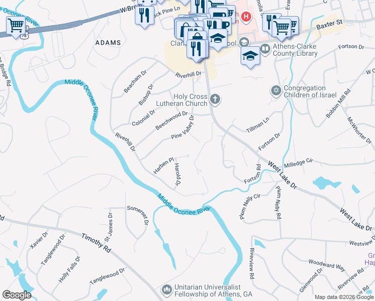 map of restaurants, bars, coffee shops, grocery stores, and more near 209 Pine Valley Drive in Athens