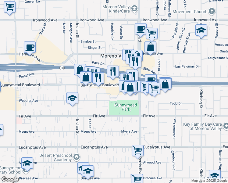 map of restaurants, bars, coffee shops, grocery stores, and more near 24816 Sunnymead Boulevard in Moreno Valley
