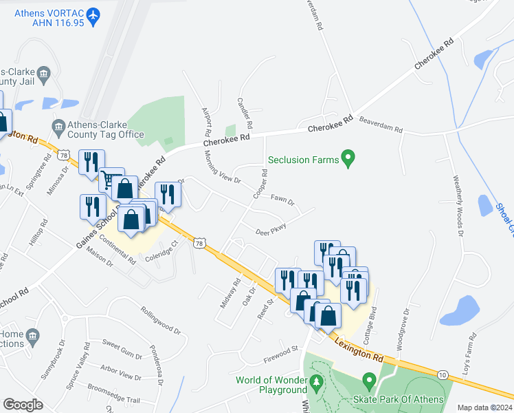 map of restaurants, bars, coffee shops, grocery stores, and more near 315 Deerpark Drive in Athens