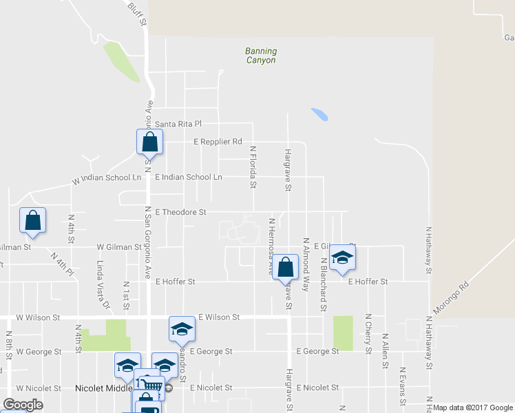 map of restaurants, bars, coffee shops, grocery stores, and more near 625 East Theodore Street in Banning