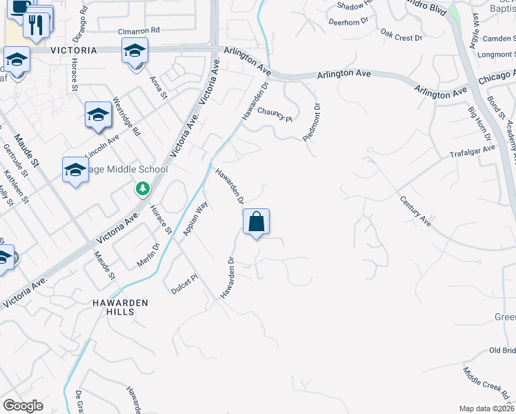 map of restaurants, bars, coffee shops, grocery stores, and more near 6146 Hawarden Drive in Riverside