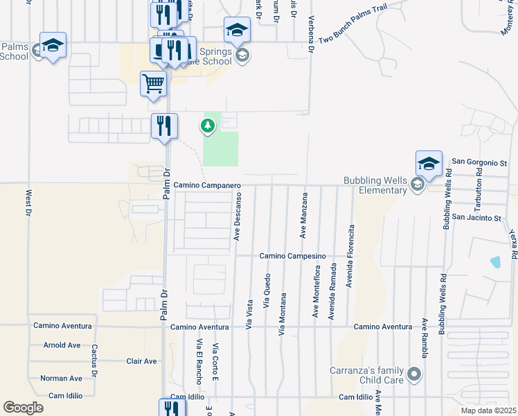 map of restaurants, bars, coffee shops, grocery stores, and more near 15140 Via Vista in Desert Hot Springs