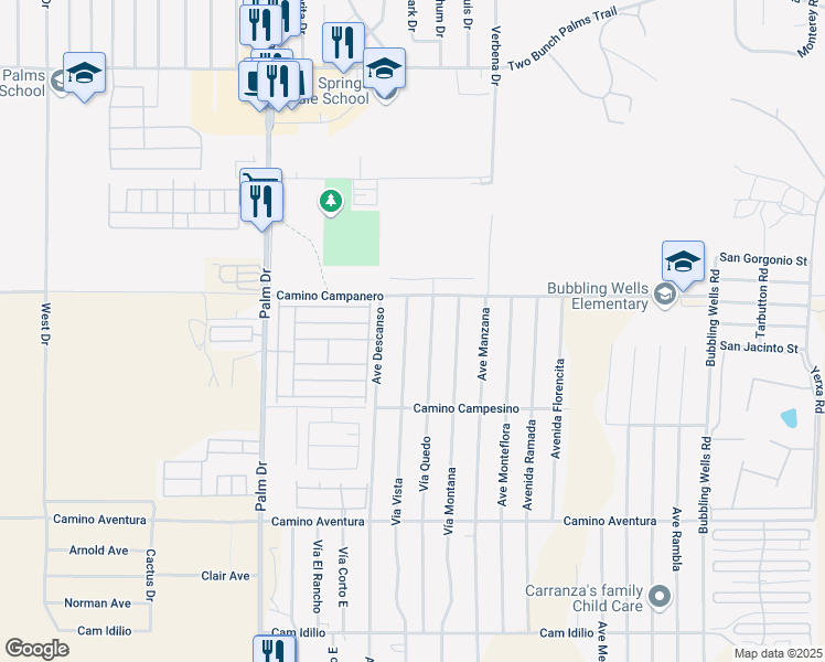 map of restaurants, bars, coffee shops, grocery stores, and more near 15140 Via Vista in Desert Hot Springs