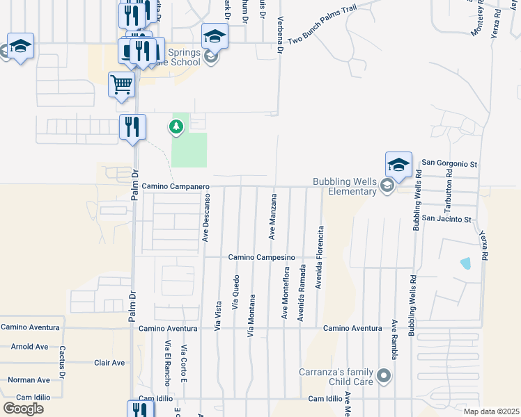 map of restaurants, bars, coffee shops, grocery stores, and more near 15160 Vía Montana in Desert Hot Springs