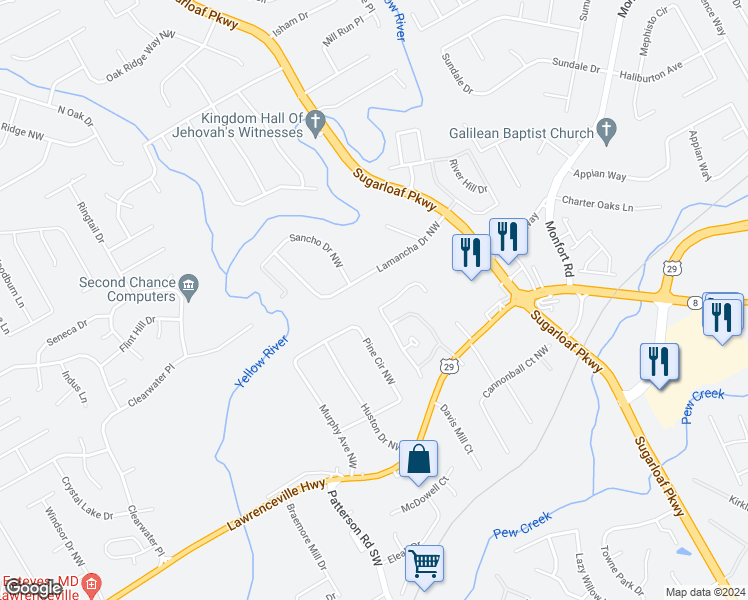 map of restaurants, bars, coffee shops, grocery stores, and more near 4474 Windale Drive Northwest in Lawrenceville