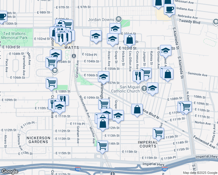 map of restaurants, bars, coffee shops, grocery stores, and more near 10933 Anzac Avenue in Los Angeles