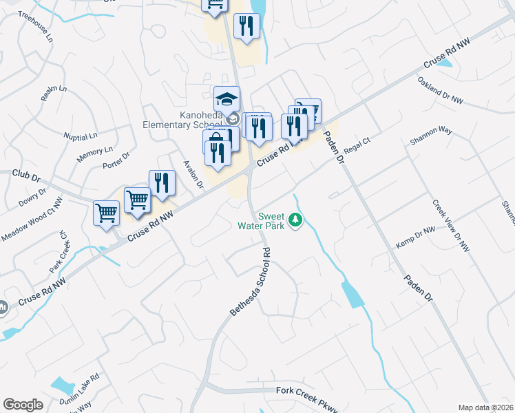 map of restaurants, bars, coffee shops, grocery stores, and more near 2644 Majestic Way in Lawrenceville
