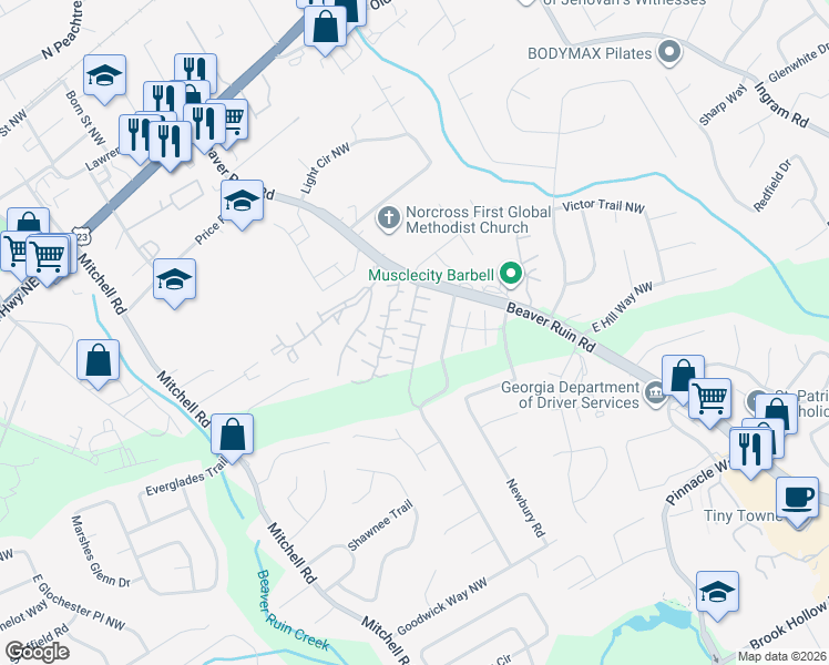 map of restaurants, bars, coffee shops, grocery stores, and more near 5379 Briar Creek Lane Northwest in Norcross