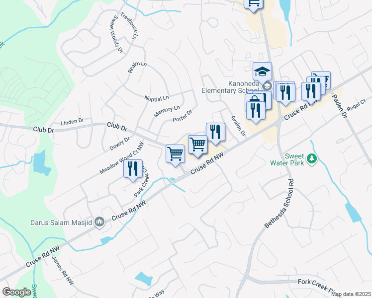 map of restaurants, bars, coffee shops, grocery stores, and more near 2775 Cruse Road Northwest in Lawrenceville