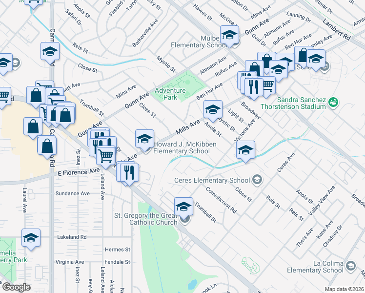 map of restaurants, bars, coffee shops, grocery stores, and more near 10420 Adel Way in Whittier