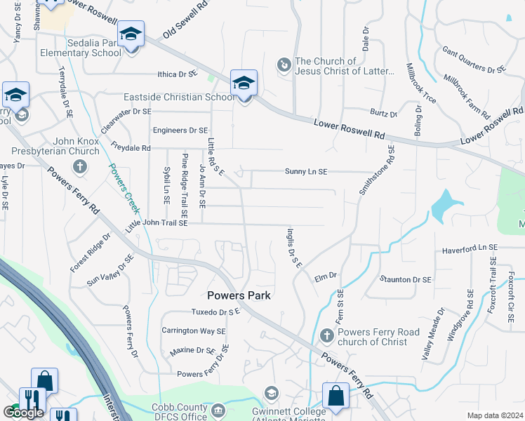 map of restaurants, bars, coffee shops, grocery stores, and more near 2506 Crockett Drive Southeast in Marietta