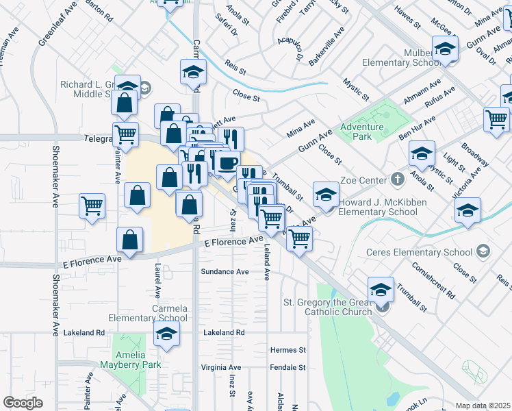 map of restaurants, bars, coffee shops, grocery stores, and more near 13631 Bentongrove Drive in Whittier