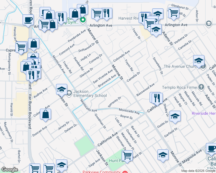 map of restaurants, bars, coffee shops, grocery stores, and more near 8786 Brunswick Avenue in Riverside