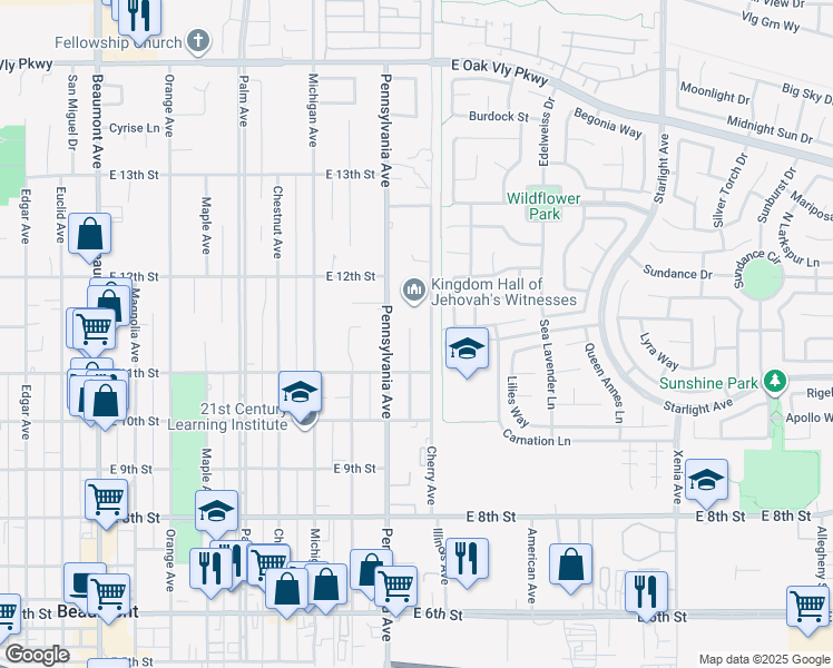 map of restaurants, bars, coffee shops, grocery stores, and more near 1114 Radka Avenue in Beaumont