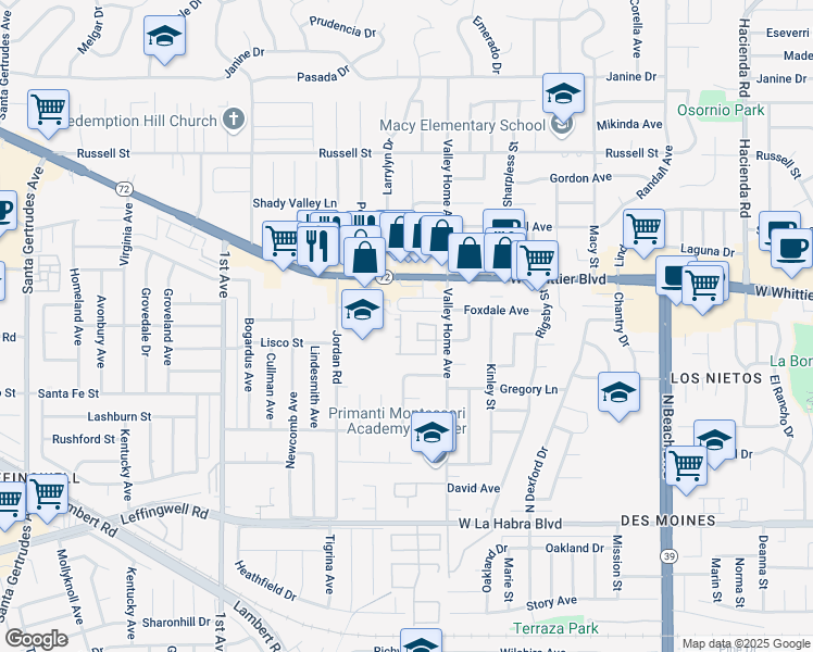 map of restaurants, bars, coffee shops, grocery stores, and more near 10644 Claridge Place in Whittier