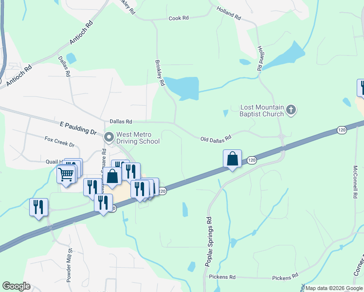 map of restaurants, bars, coffee shops, grocery stores, and more near 5750 Old Dallas Road in Powder Springs