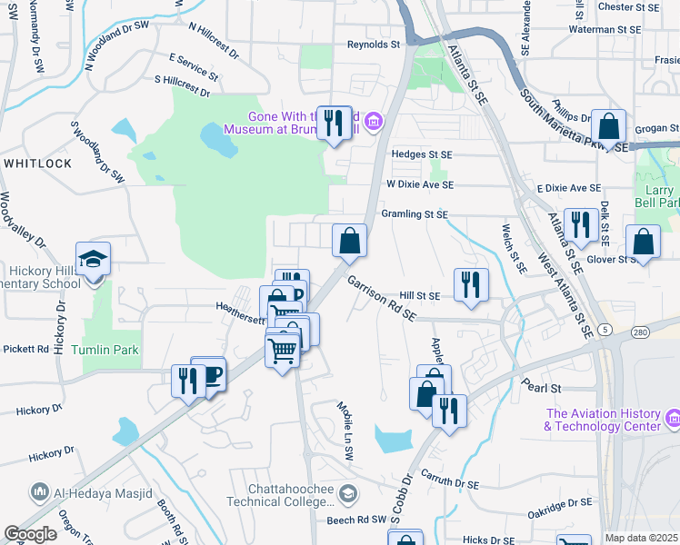 map of restaurants, bars, coffee shops, grocery stores, and more near Powder Springs St & Garrison Rd SE in Marietta