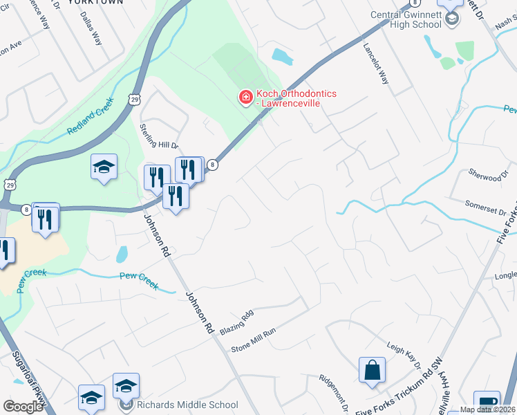 map of restaurants, bars, coffee shops, grocery stores, and more near 161 Harrington Lane in Lawrenceville