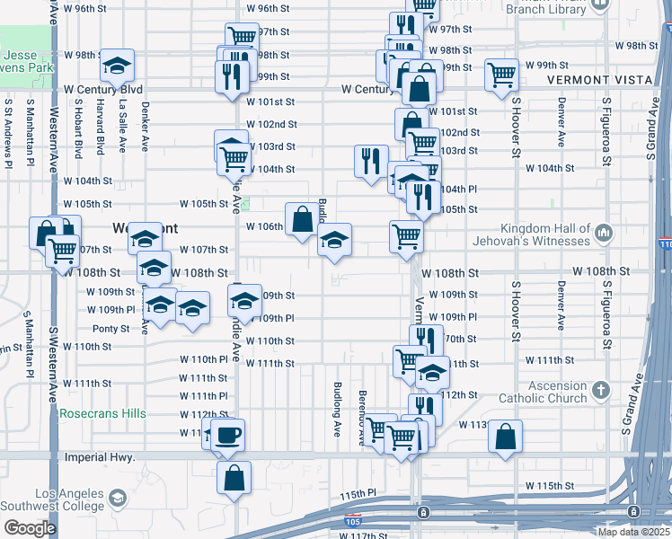 map of restaurants, bars, coffee shops, grocery stores, and more near 1151 West 109th Street in Los Angeles