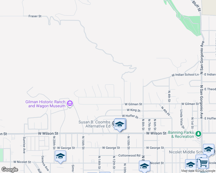 map of restaurants, bars, coffee shops, grocery stores, and more near 1236 Butterfly Way in Banning