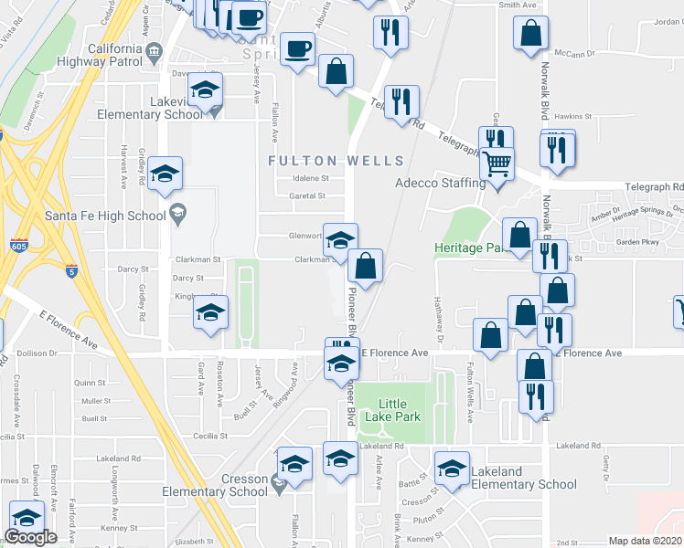 map of restaurants, bars, coffee shops, grocery stores, and more near 10515 Pioneer Boulevard in Santa Fe Springs