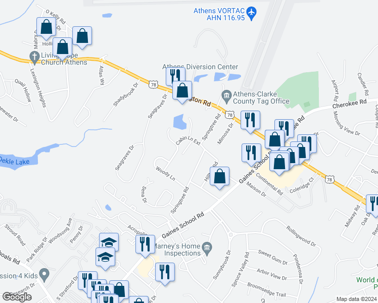 map of restaurants, bars, coffee shops, grocery stores, and more near 216 Springtree Road in Athens