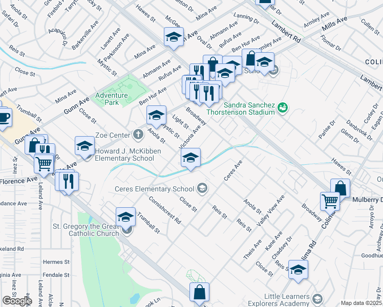 map of restaurants, bars, coffee shops, grocery stores, and more near 10281 Elmore Avenue in Whittier