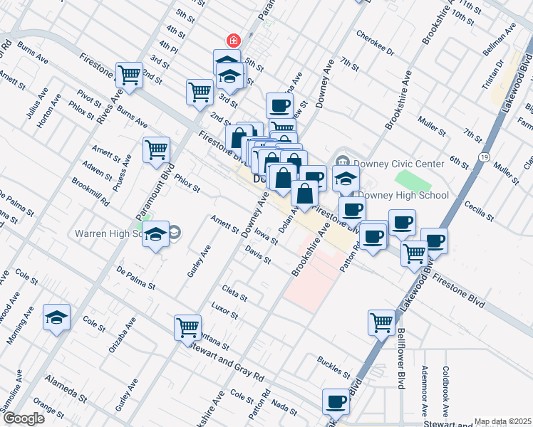 map of restaurants, bars, coffee shops, grocery stores, and more near 11405 Downey Avenue in Downey