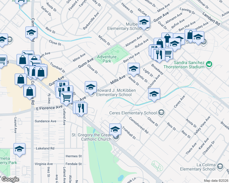 map of restaurants, bars, coffee shops, grocery stores, and more near 10420 Adel Way in Whittier