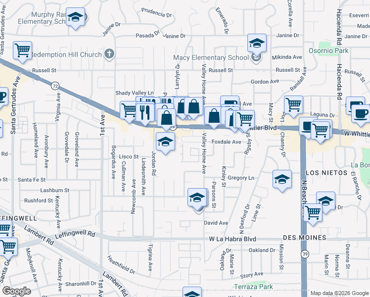map of restaurants, bars, coffee shops, grocery stores, and more near 10644 Claridge Place in Whittier